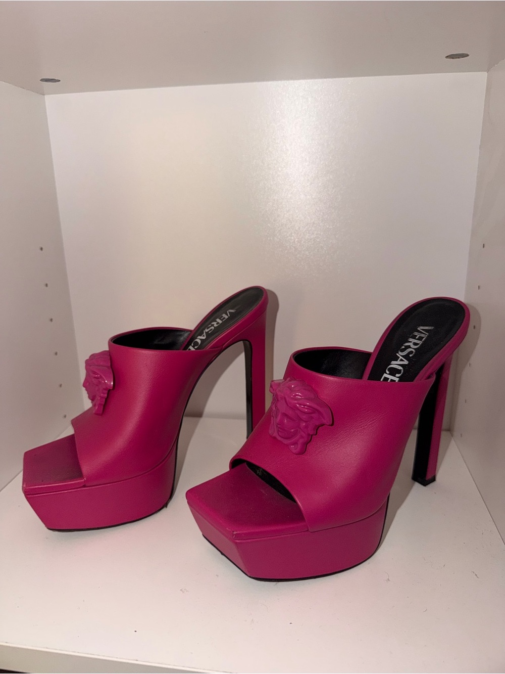 Versace Hot Pink Platform Mule Heels with Medusa Accent